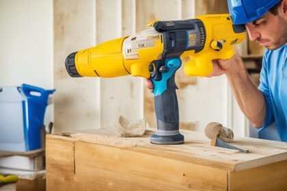 Cinematic editorial photo of a determined homeowner wearing work gloves and using a cordless drill to install floating shelves against a freshly painted wall in natural light, with scattered tools and peel-and-stick backsplash materials on a drop cloth nearby, intense focus and rich warm tones highlighting the hands-on DIY home upgrade process.