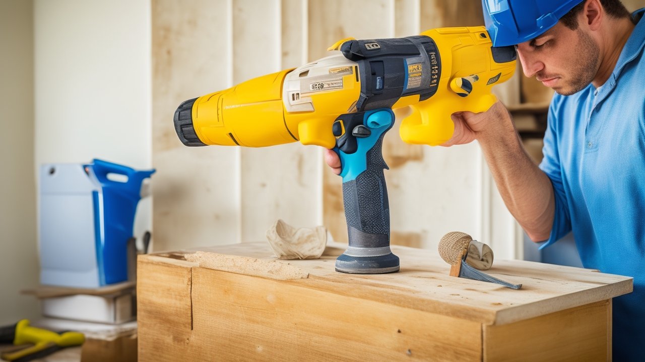 Cinematic editorial photo of a determined homeowner wearing work gloves and using a cordless drill to install floating shelves against a freshly painted wall in natural light, with scattered tools and peel-and-stick backsplash materials on a drop cloth nearby, intense focus and rich warm tones highlighting the hands-on DIY home upgrade process.