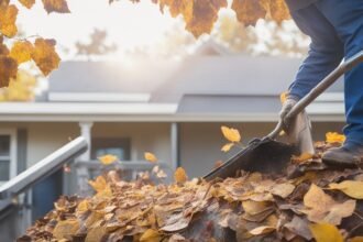 A determined homeowner wearing work gloves carefully cleaning clogged gutters on a sturdy ladder outdoors, surrounded by autumn leaves and DIY tools like a garden trowel and bucket, captured with cinematic lighting, dramatic low angle, intense focus on hands clearing debris, rich natural colors, and shallow depth of field to evoke hands-on effort and empowerment in routine home maintenance.