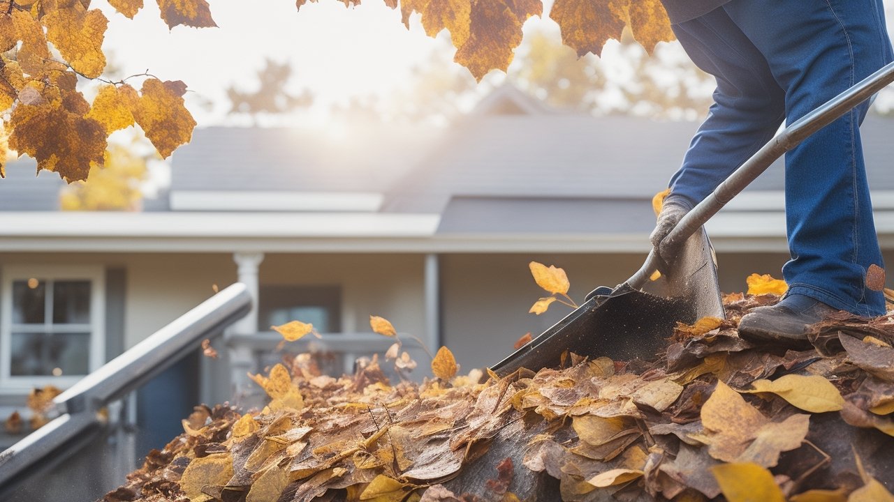 A determined homeowner wearing work gloves carefully cleaning clogged gutters on a sturdy ladder outdoors, surrounded by autumn leaves and DIY tools like a garden trowel and bucket, captured with cinematic lighting, dramatic low angle, intense focus on hands clearing debris, rich natural colors, and shallow depth of field to evoke hands-on effort and empowerment in routine home maintenance.