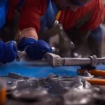 A close-up, cinematic shot of a determined homeowner’s hands wearing work gloves, using a wrench to tighten a leaking pipe under a kitchen sink, surrounded by scattered basic tools and a bucket, with dramatic lighting and shallow depth of field capturing the focus and effort of a hands-on DIY home maintenance task.