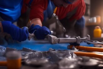 A close-up, cinematic shot of a determined homeowner’s hands wearing work gloves, using a wrench to tighten a leaking pipe under a kitchen sink, surrounded by scattered basic tools and a bucket, with dramatic lighting and shallow depth of field capturing the focus and effort of a hands-on DIY home maintenance task.