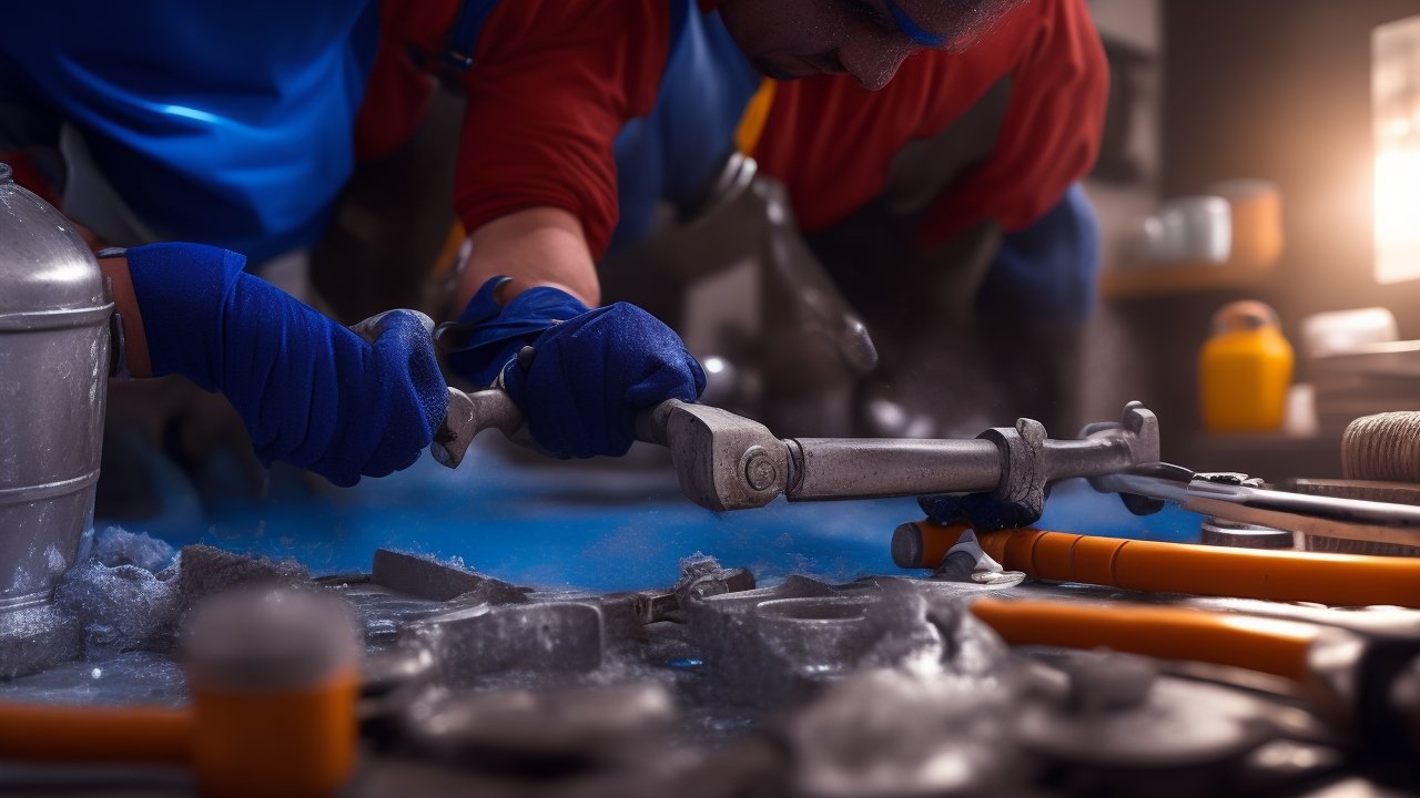 A close-up, cinematic shot of a determined homeowner’s hands wearing work gloves, using a wrench to tighten a leaking pipe under a kitchen sink, surrounded by scattered basic tools and a bucket, with dramatic lighting and shallow depth of field capturing the focus and effort of a hands-on DIY home maintenance task.