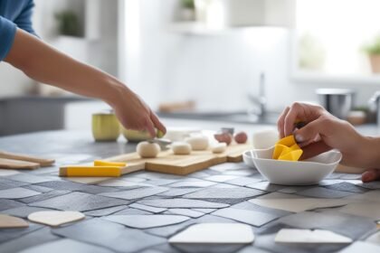 A close-up cinematic scene of determined hands carefully peeling a stylish, geometric peel-and-stick tile and aligning it precisely on a clean kitchen wall above a countertop scattered with cutting tools and tile samples, bathed in warm, natural light with shallow depth of field and rich colors capturing the focused, satisfying moment of a budget-friendly kitchen makeover in progress.