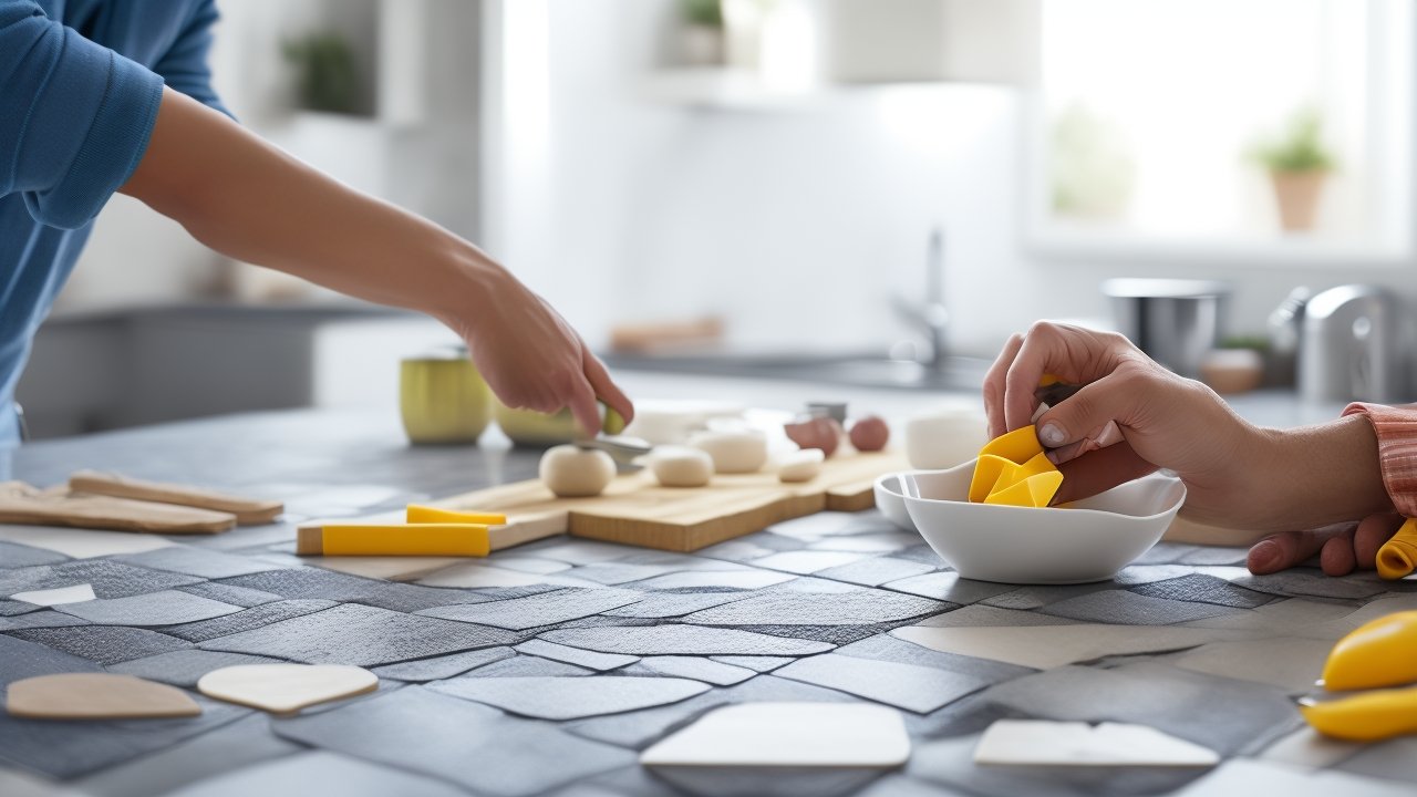 A close-up cinematic scene of determined hands carefully peeling a stylish, geometric peel-and-stick tile and aligning it precisely on a clean kitchen wall above a countertop scattered with cutting tools and tile samples, bathed in warm, natural light with shallow depth of field and rich colors capturing the focused, satisfying moment of a budget-friendly kitchen makeover in progress.