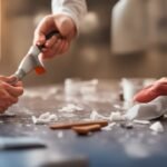 A close-up, cinematic shot of determined hands carefully peeling and aligning stylish peel-and-stick backsplash tiles on a kitchen wall, surrounded by scattered DIY tools and minimal mess, with warm, dramatic lighting and a shallow depth of field highlighting the texture and ease of installation.