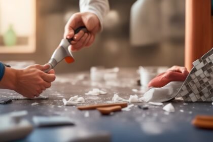 A close-up, cinematic shot of determined hands carefully peeling and aligning stylish peel-and-stick backsplash tiles on a kitchen wall, surrounded by scattered DIY tools and minimal mess, with warm, dramatic lighting and a shallow depth of field highlighting the texture and ease of installation.