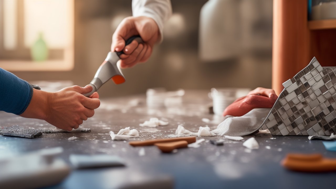A close-up, cinematic shot of determined hands carefully peeling and aligning stylish peel-and-stick backsplash tiles on a kitchen wall, surrounded by scattered DIY tools and minimal mess, with warm, dramatic lighting and a shallow depth of field highlighting the texture and ease of installation.