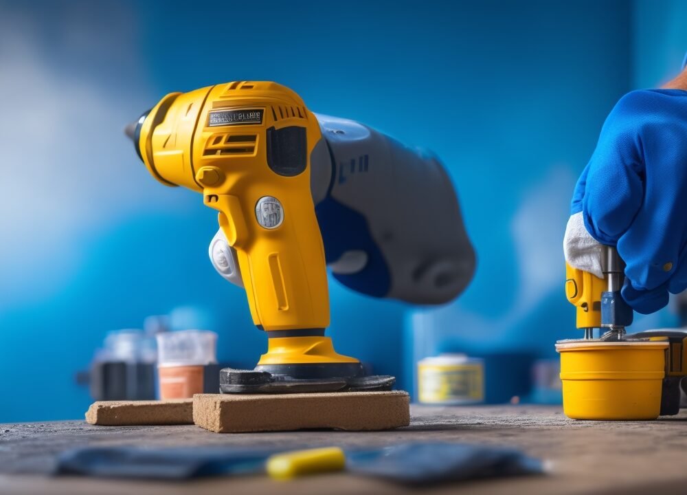 A focused close-up of a determined homeowner wearing gloves, using a cordless drill to repair a peeling accent wall under warm cinematic lighting, surrounded by paint cans, a paintbrush, and a neatly organized toolkit on a drop cloth, with shallow depth of field and rich colors capturing the hands-on effort and transformation in progress.