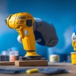 A focused close-up of a determined homeowner wearing gloves, using a cordless drill to repair a peeling accent wall under warm cinematic lighting, surrounded by paint cans, a paintbrush, and a neatly organized toolkit on a drop cloth, with shallow depth of field and rich colors capturing the hands-on effort and transformation in progress.