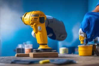 A focused close-up of a determined homeowner wearing gloves, using a cordless drill to repair a peeling accent wall under warm cinematic lighting, surrounded by paint cans, a paintbrush, and a neatly organized toolkit on a drop cloth, with shallow depth of field and rich colors capturing the hands-on effort and transformation in progress.