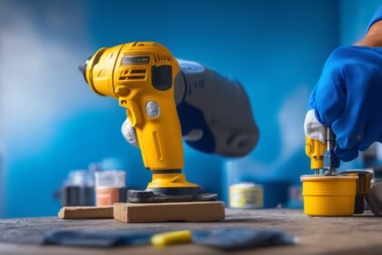 A focused close-up of a determined homeowner wearing gloves, using a cordless drill to repair a peeling accent wall under warm cinematic lighting, surrounded by paint cans, a paintbrush, and a neatly organized toolkit on a drop cloth, with shallow depth of field and rich colors capturing the hands-on effort and transformation in progress.