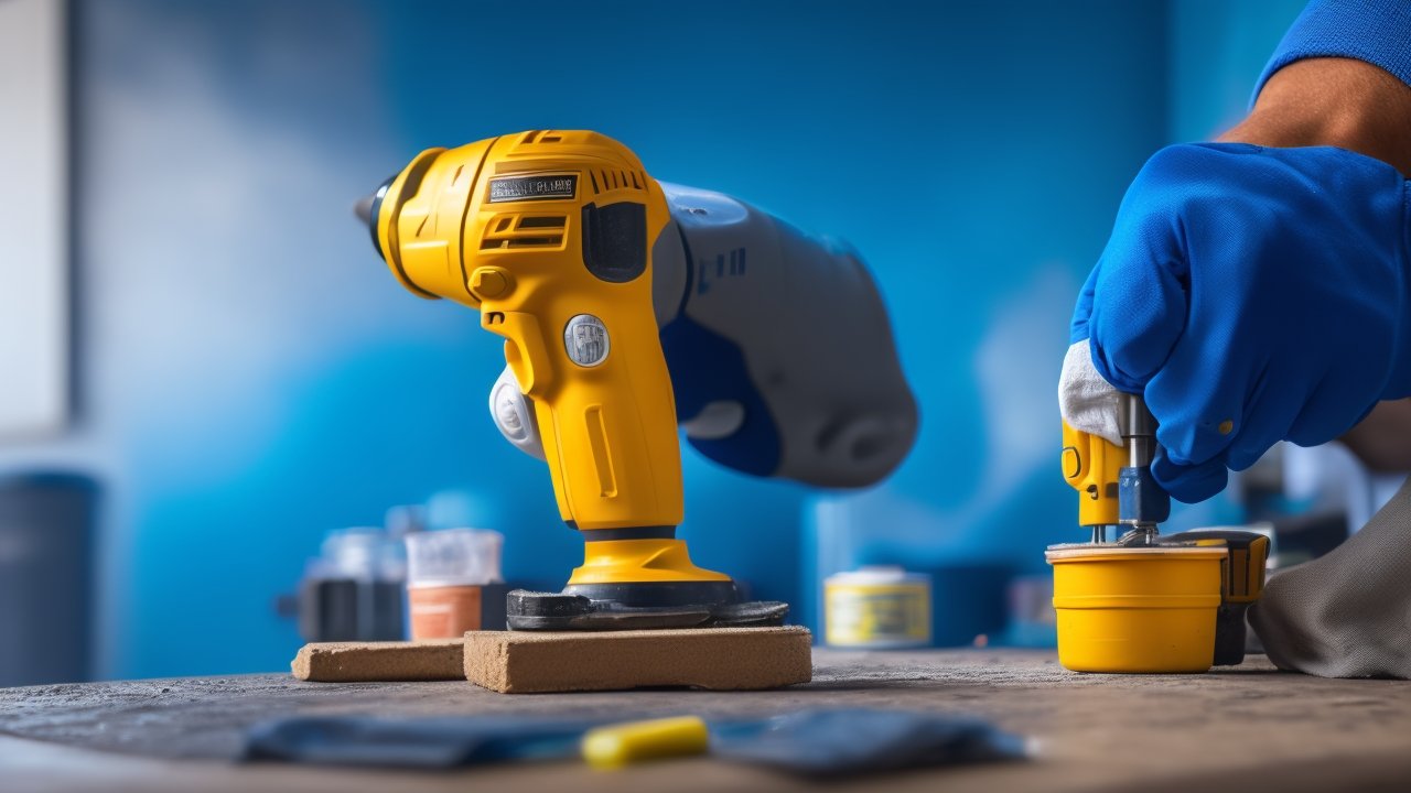 A focused close-up of a determined homeowner wearing gloves, using a cordless drill to repair a peeling accent wall under warm cinematic lighting, surrounded by paint cans, a paintbrush, and a neatly organized toolkit on a drop cloth, with shallow depth of field and rich colors capturing the hands-on effort and transformation in progress.