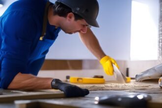 A determined homeowner wearing gloves intensely applying peel-and-stick backsplash tiles in a brightly lit kitchen, surrounded by modern DIY tools like a utility knife, level, and caulking gun, captured with cinematic lighting and a shallow depth of field that highlights focused hands and textured surfaces in rich, warm tones.