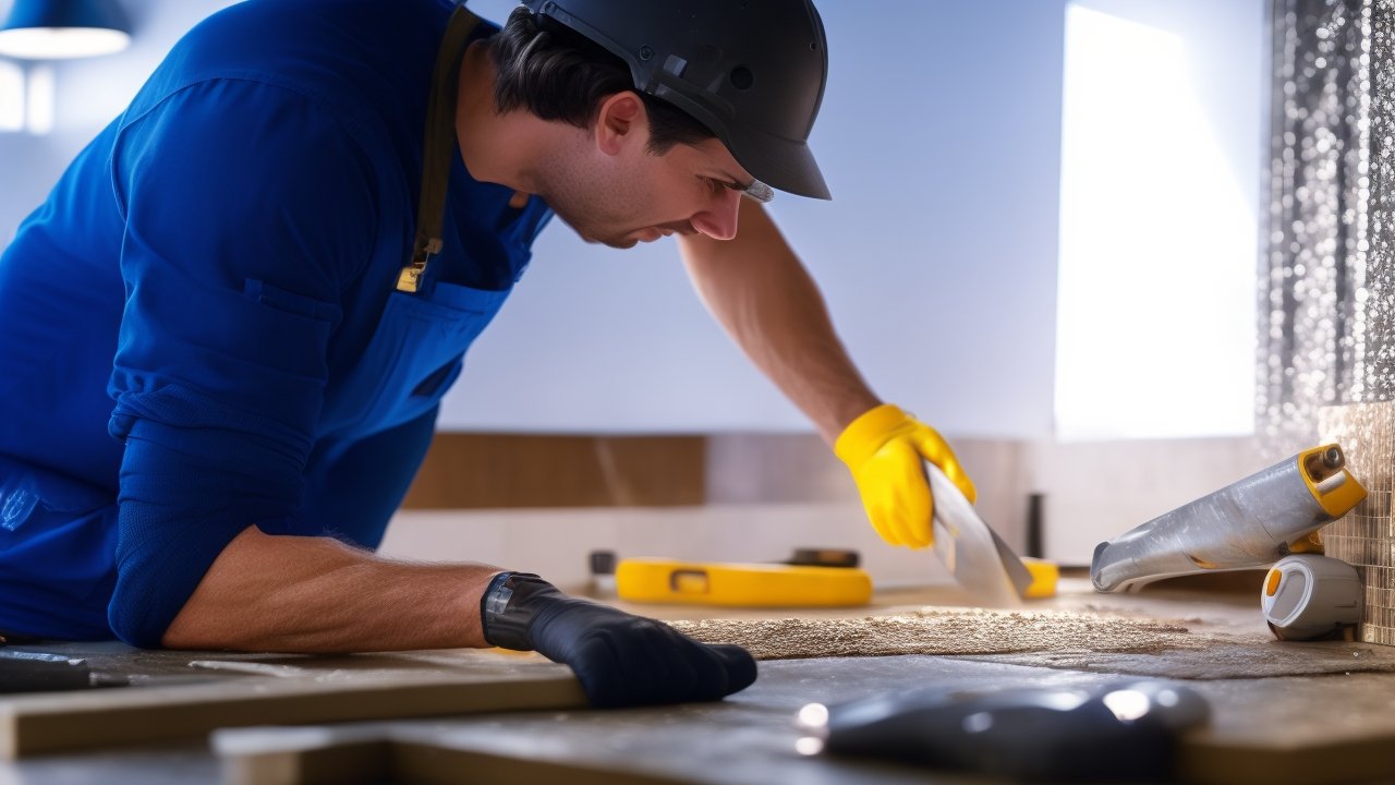 A determined homeowner wearing gloves intensely applying peel-and-stick backsplash tiles in a brightly lit kitchen, surrounded by modern DIY tools like a utility knife, level, and caulking gun, captured with cinematic lighting and a shallow depth of field that highlights focused hands and textured surfaces in rich, warm tones.