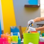 A determined homeowner in casual clothes applying fresh paint with a roller to a bright accent wall, surrounded by open paint cans, drop cloths, and peel-and-stick wallpaper samples, illuminated by warm cinematic lighting and captured in a close-up, editorial-style shot with shallow depth of field highlighting the texture and vibrant colors of the project in progress.
