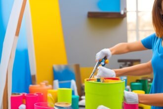 A determined homeowner in casual clothes applying fresh paint with a roller to a bright accent wall, surrounded by open paint cans, drop cloths, and peel-and-stick wallpaper samples, illuminated by warm cinematic lighting and captured in a close-up, editorial-style shot with shallow depth of field highlighting the texture and vibrant colors of the project in progress.