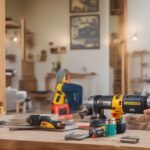 A determined homeowner wearing casual work clothes intensely focused while using a cordless drill to install floating shelves in a sunlit living room, surrounded by scattered tools like a level, stud finder, and paint cans, captured with cinematic warm lighting, shallow depth of field, and rich colors to evoke the satisfaction of budget-friendly DIY home improvements.