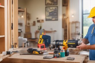 A determined homeowner wearing casual work clothes intensely focused while using a cordless drill to install floating shelves in a sunlit living room, surrounded by scattered tools like a level, stud finder, and paint cans, captured with cinematic warm lighting, shallow depth of field, and rich colors to evoke the satisfaction of budget-friendly DIY home improvements.