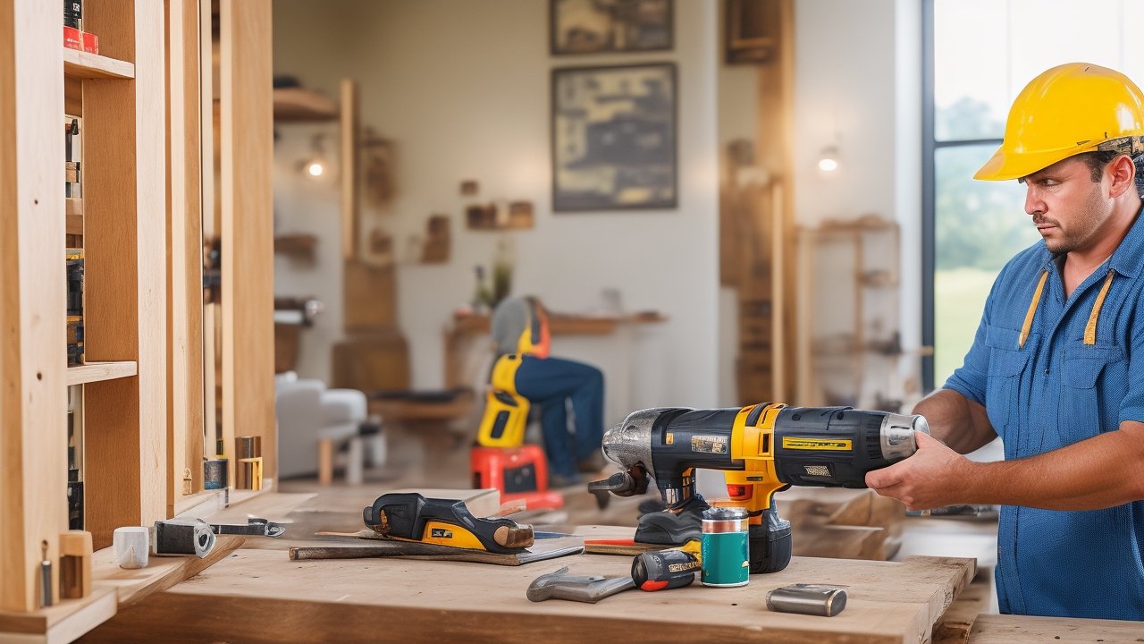 A determined homeowner wearing casual work clothes intensely focused while using a cordless drill to install floating shelves in a sunlit living room, surrounded by scattered tools like a level, stud finder, and paint cans, captured with cinematic warm lighting, shallow depth of field, and rich colors to evoke the satisfaction of budget-friendly DIY home improvements.