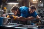 A determined homeowner with rolled-up sleeves intensely focused on fixing a leaky faucet under a kitchen sink, surrounded by scattered plumbing tools and cleaning supplies, captured in cinematic lighting with a shallow depth of field and rich, warm tones conveying hands-on effort and practical DIY problem-solving.