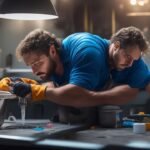 A determined homeowner with rolled-up sleeves intensely focused on fixing a leaky faucet under a kitchen sink, surrounded by scattered plumbing tools and cleaning supplies, captured in cinematic lighting with a shallow depth of field and rich, warm tones conveying hands-on effort and practical DIY problem-solving.