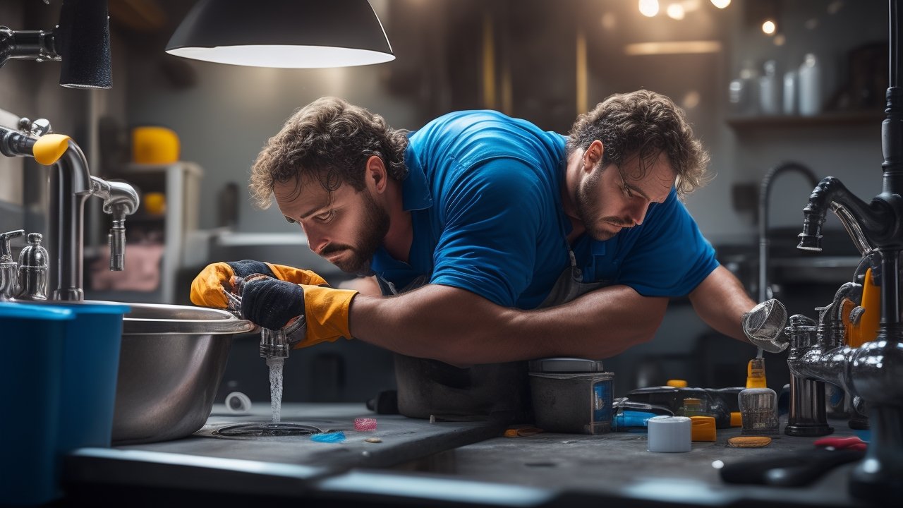 A determined homeowner with rolled-up sleeves intensely focused on fixing a leaky faucet under a kitchen sink, surrounded by scattered plumbing tools and cleaning supplies, captured in cinematic lighting with a shallow depth of field and rich, warm tones conveying hands-on effort and practical DIY problem-solving.