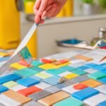 A determined person’s hands carefully peeling and applying stylish peel-and-stick backsplash tiles to a kitchen wall, surrounded by scissors, a utility knife, and a measuring tape on a countertop, shot with cinematic lighting, intense focus on the tile application, rich colors, and a shallow depth of field capturing the texture and precision of the DIY kitchen upgrade in progress.