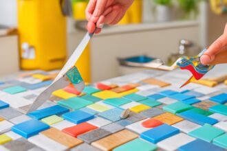 A determined person’s hands carefully peeling and applying stylish peel-and-stick backsplash tiles to a kitchen wall, surrounded by scissors, a utility knife, and a measuring tape on a countertop, shot with cinematic lighting, intense focus on the tile application, rich colors, and a shallow depth of field capturing the texture and precision of the DIY kitchen upgrade in progress.