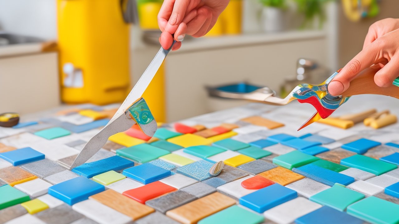 A determined person’s hands carefully peeling and applying stylish peel-and-stick backsplash tiles to a kitchen wall, surrounded by scissors, a utility knife, and a measuring tape on a countertop, shot with cinematic lighting, intense focus on the tile application, rich colors, and a shallow depth of field capturing the texture and precision of the DIY kitchen upgrade in progress.