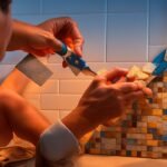 A focused close-up of a person’s hands carefully applying peel-and-stick decorative tile panels onto a kitchen backsplash, with scissors and a smoothing tool nearby, illuminated by warm cinematic lighting that highlights the textured surface and evokes the satisfying moment of a DIY home transformation in progress.