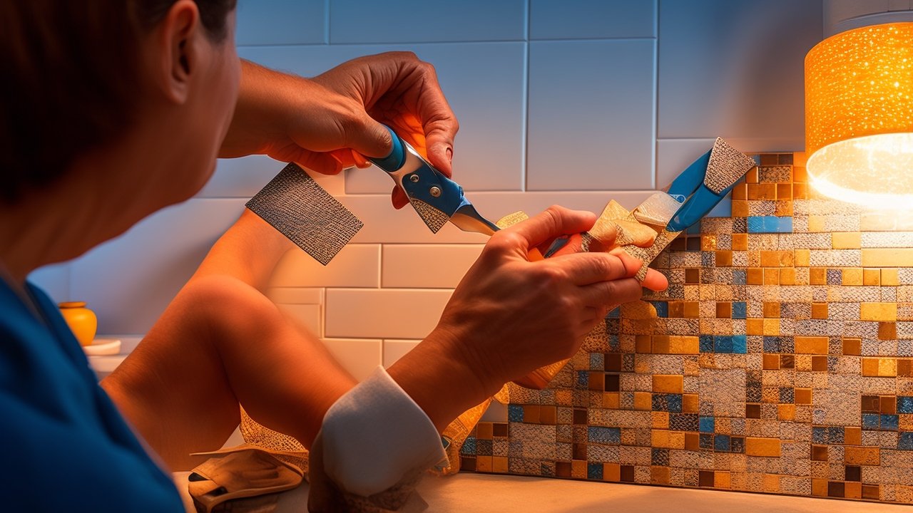 A focused close-up of a person’s hands carefully applying peel-and-stick decorative tile panels onto a kitchen backsplash, with scissors and a smoothing tool nearby, illuminated by warm cinematic lighting that highlights the textured surface and evokes the satisfying moment of a DIY home transformation in progress.